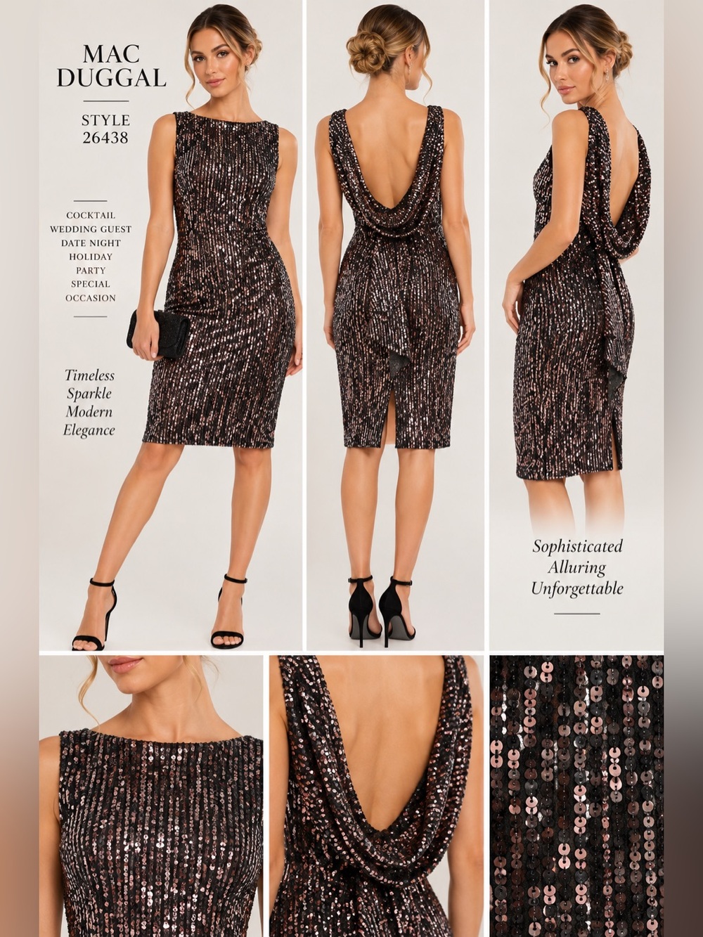 Mac Duggal Black Rose Sequin Cowl Back Cocktail Dress Size 4